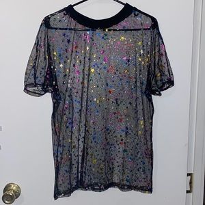 iHeartRaves Rainbow Sheer Star Black Mesh Oversize T-Shirt (S)